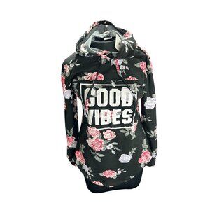 Good Vibes Floral Print Hoodie Sweatshirt Black Pink Roses Womens M Infinite Per